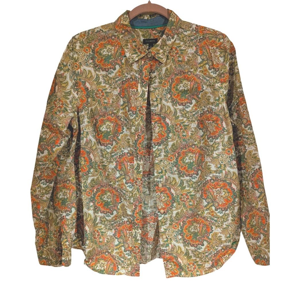 Talbots Womens 14 Cotton Paisley Button Down Shirt Orange Green Multi Color Long